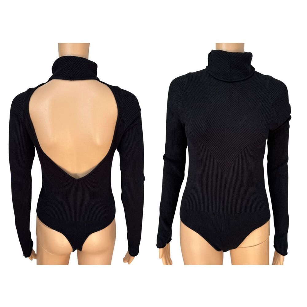 Free People Black Ribbed Open Back Turtleneck Bodysuit Women’s Size L